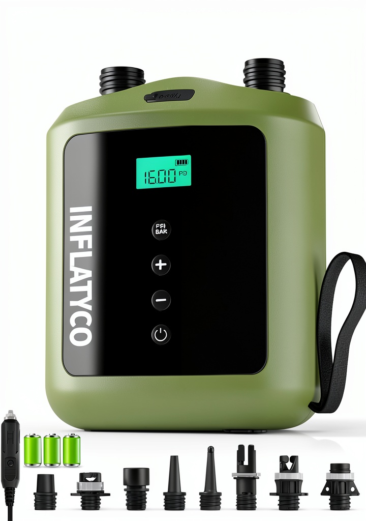 Installing INFLATYCO Ultra Mini Paddleboard Pump Olive Green on a wooden dock